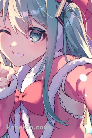 サンタコスでピースをする可愛い初音ミク / ボーカロイドのAndroidの壁紙(320px x 480px) スマホ用