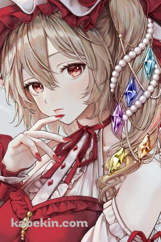 口元に指をあてる赤・白のドレスを着たフランドール・スカーレット / 東方のAndroidの壁紙(320px x 480px) スマホ用