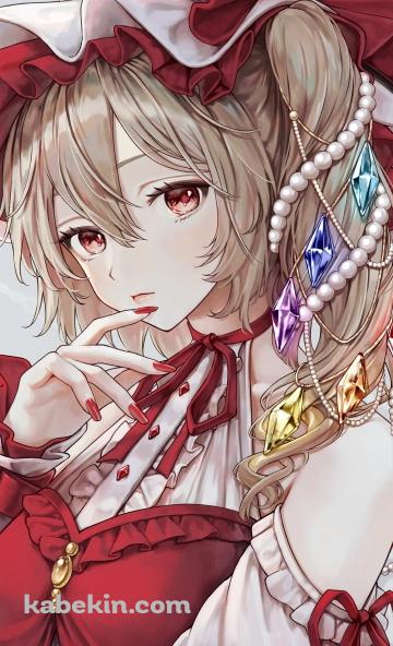 口元に指をあてる赤・白のドレスを着たフランドール・スカーレット / 東方のAndroidの壁紙(360px x 592px) スマホ用