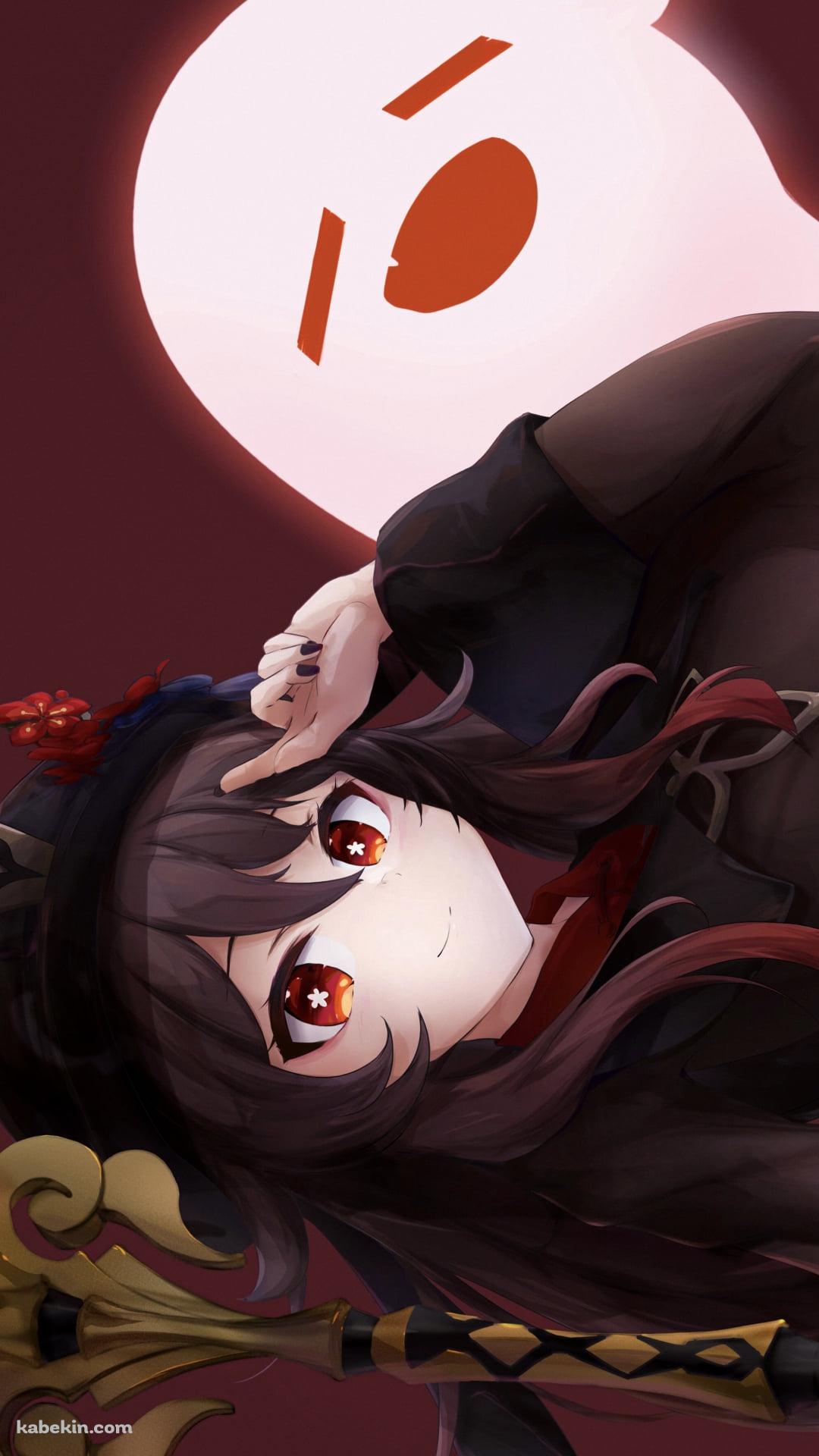 額に指をあて微笑む胡桃とお化け / 原神のAndroidの壁紙(1080px x 1920px) スマホ用