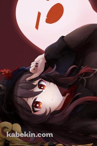 額に指をあて微笑む胡桃とお化け / 原神のAndroidの壁紙(320px x 480px) スマホ用