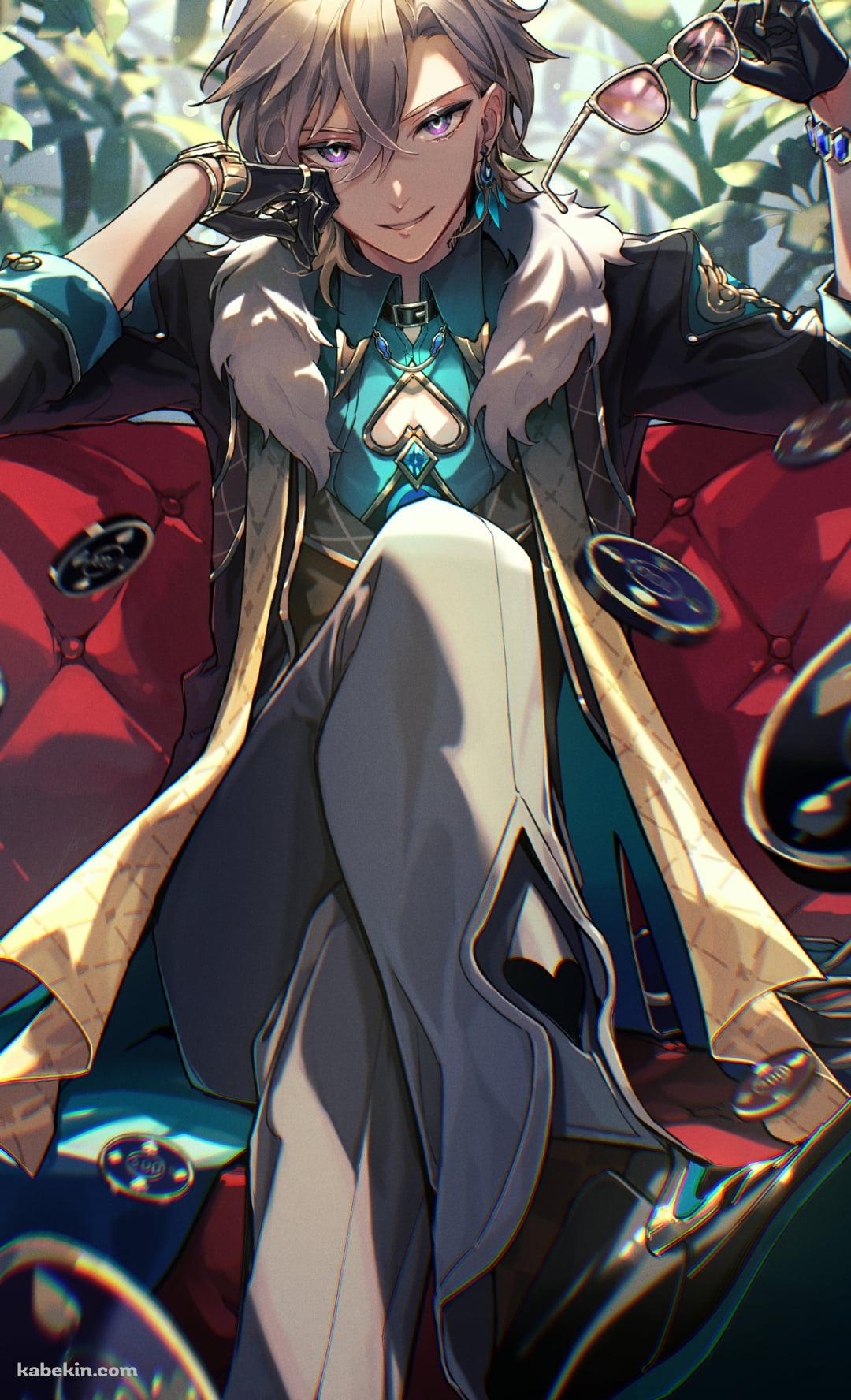赤い椅子に座り微笑むアベンチュリン / サングラス / コイン / 崩壊:スターレイルのAndroidの壁紙(1080px x 1776px) スマホ用