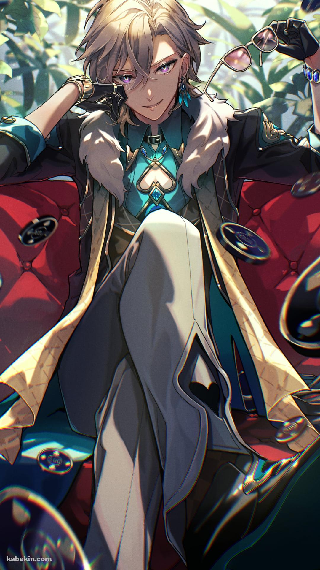 赤い椅子に座り微笑むアベンチュリン / サングラス / コイン / 崩壊:スターレイルのAndroidの壁紙(1080px x 1920px) スマホ用