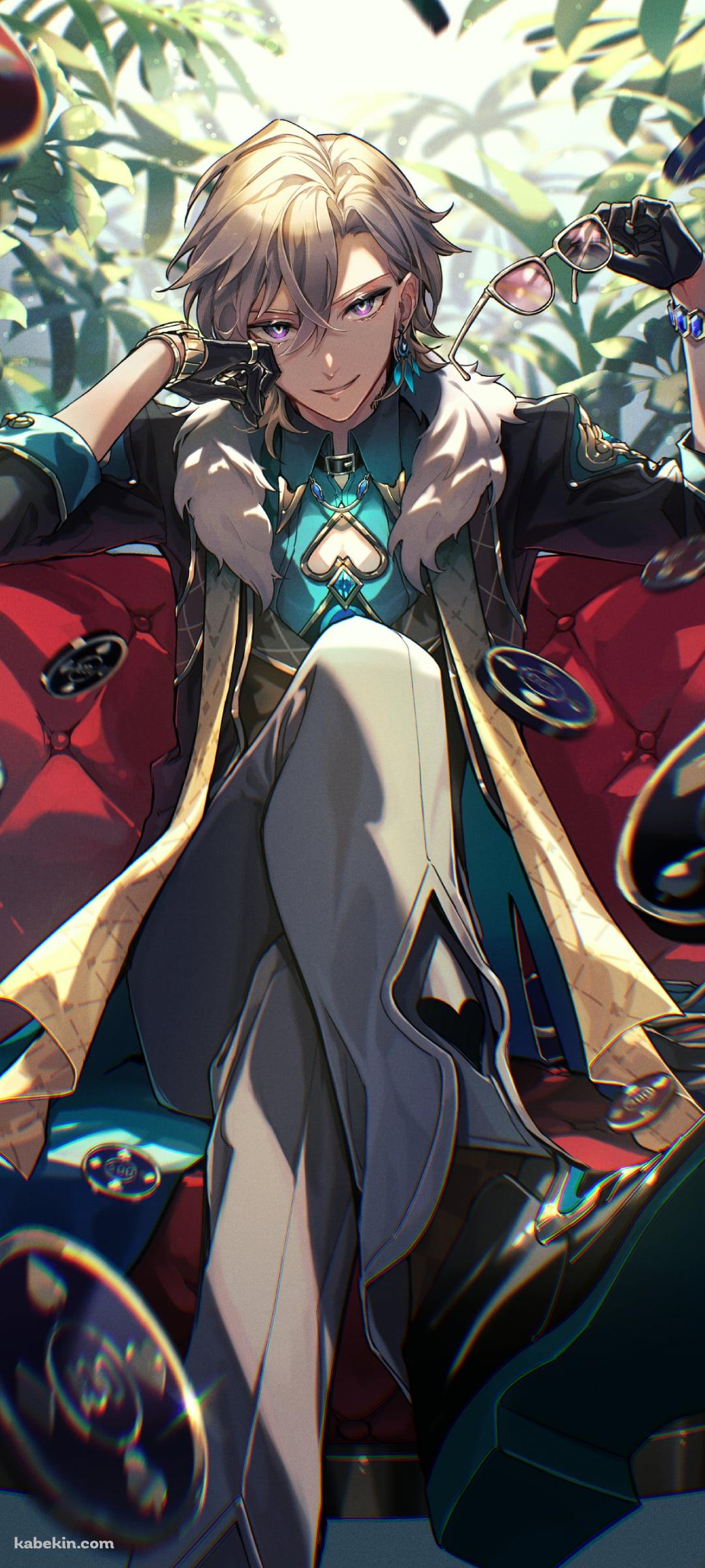 赤い椅子に座り微笑むアベンチュリン / サングラス / コイン / 崩壊:スターレイルのAndroidの壁紙(1080px x 2400px) スマホ用