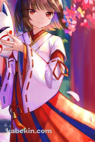 立ち並ぶ赤い鳥居と狐面を持つ花散里 / 原神のAndroidの壁紙(320px x 480px) スマホ用