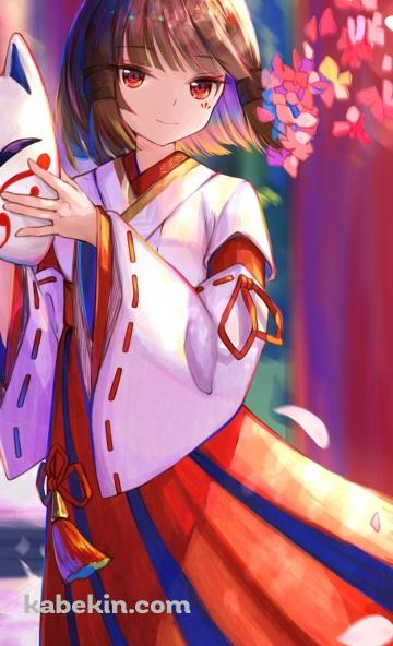 立ち並ぶ赤い鳥居と狐面を持つ花散里 / 原神のAndroidの壁紙(360px x 592px) スマホ用