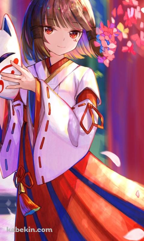 立ち並ぶ赤い鳥居と狐面を持つ花散里 / 原神のAndroidの壁紙(480px x 800px) スマホ用