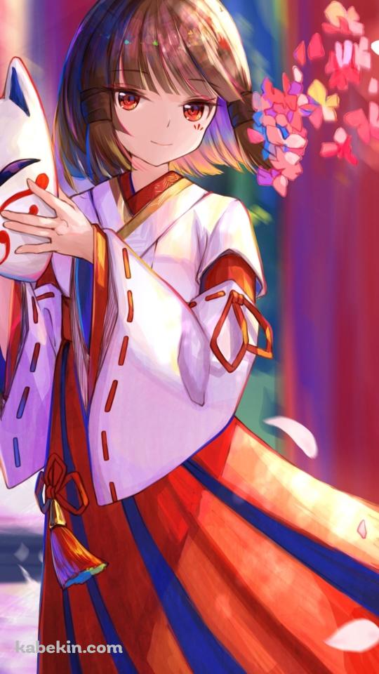 立ち並ぶ赤い鳥居と狐面を持つ花散里 / 原神のAndroidの壁紙(540px x 960px) スマホ用