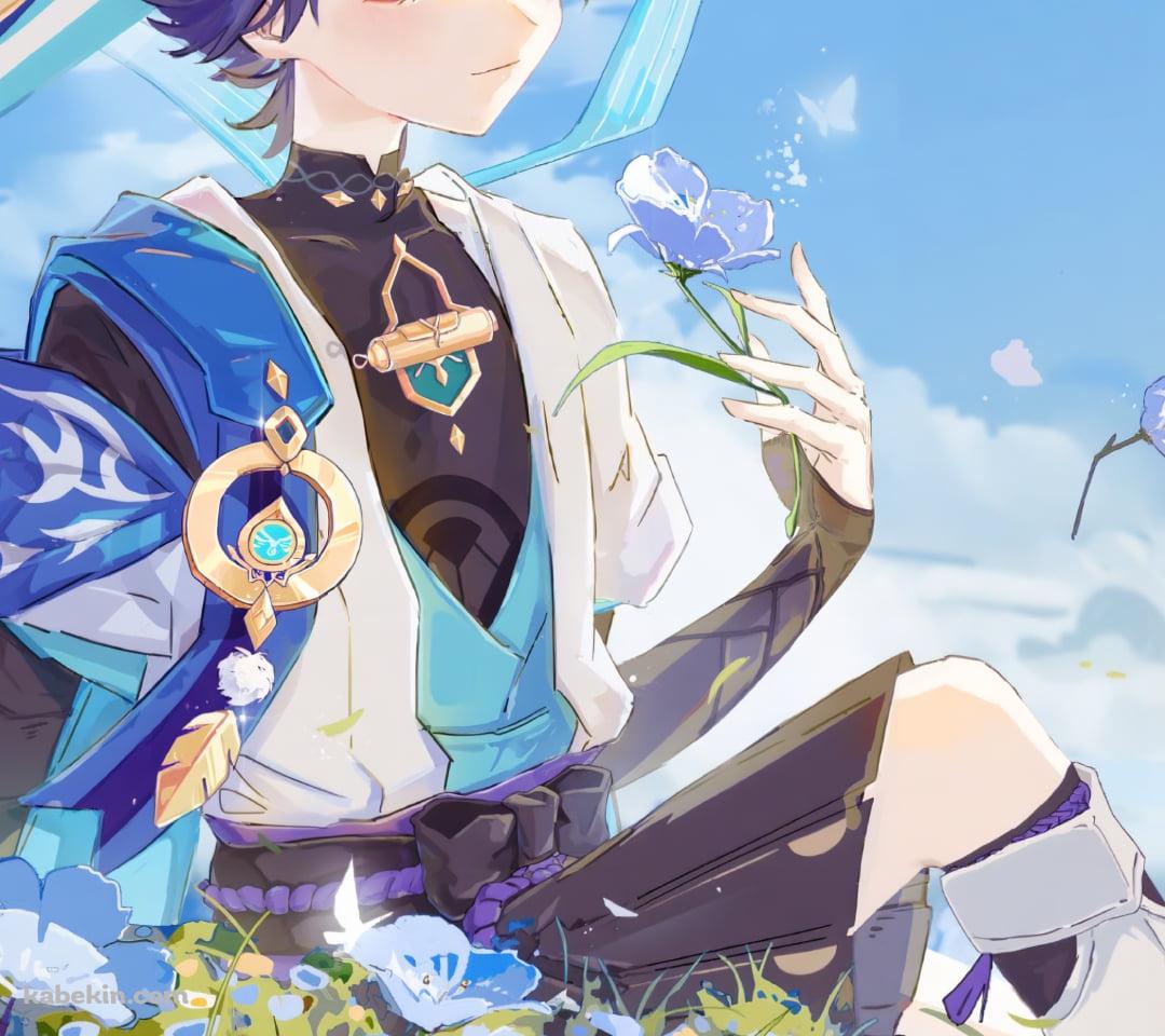 青い花を愛でる放浪者 / Wanderer / 原神のAndroidの壁紙(1080px x 960px) スマホ用