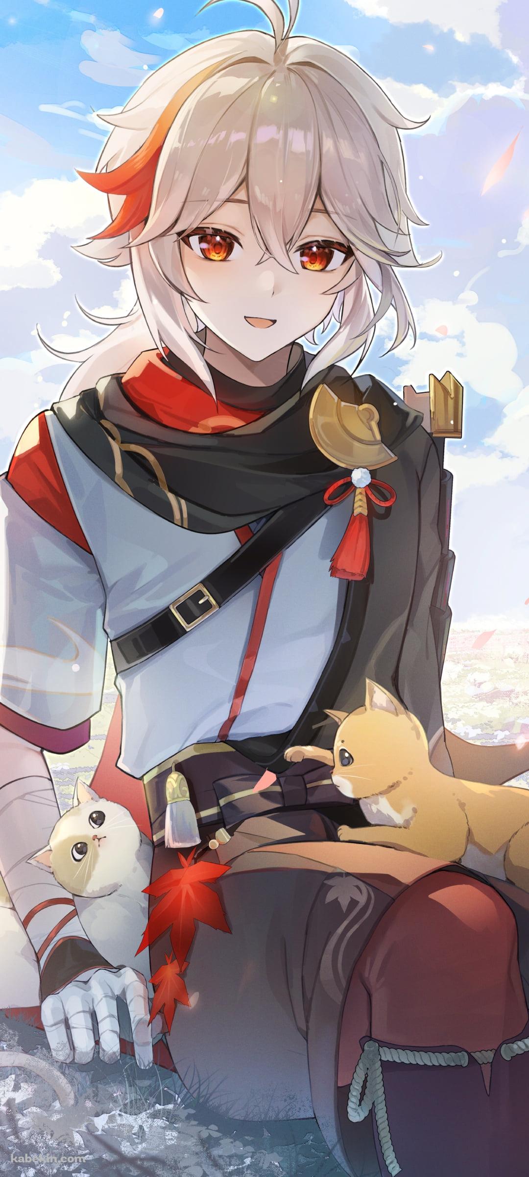 2匹の猫と笑顔の楓原万葉 / 原神のAndroidの壁紙(1080px x 2400px) スマホ用