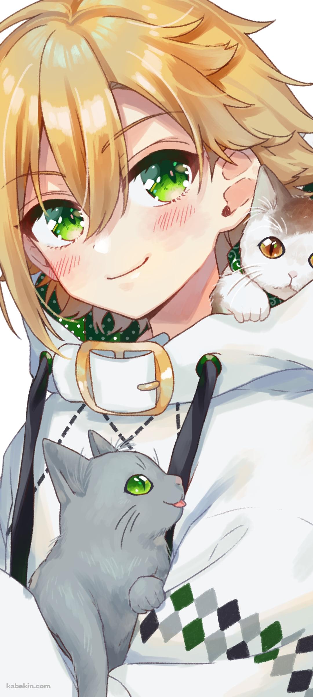 2匹の猫とこちらを見つめる卯月コウ / にじさんじ / バーチャルYouTuber / VtuberのAndroidの壁紙(1080px x 2400px) スマホ用