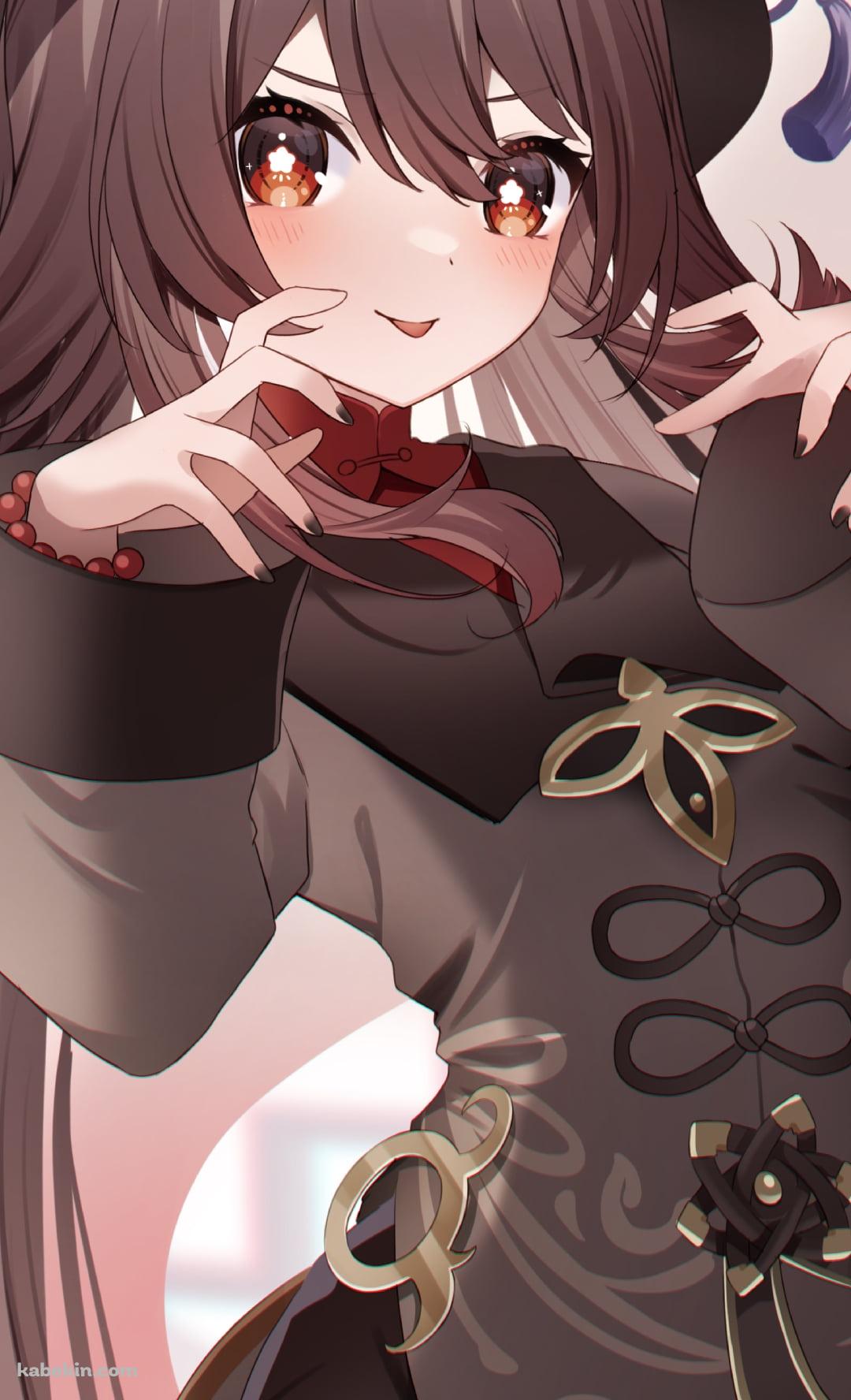 襲いかかるポーズをする胡桃と笑顔のお化け / 原神のAndroidの壁紙(1080px x 1776px) スマホ用