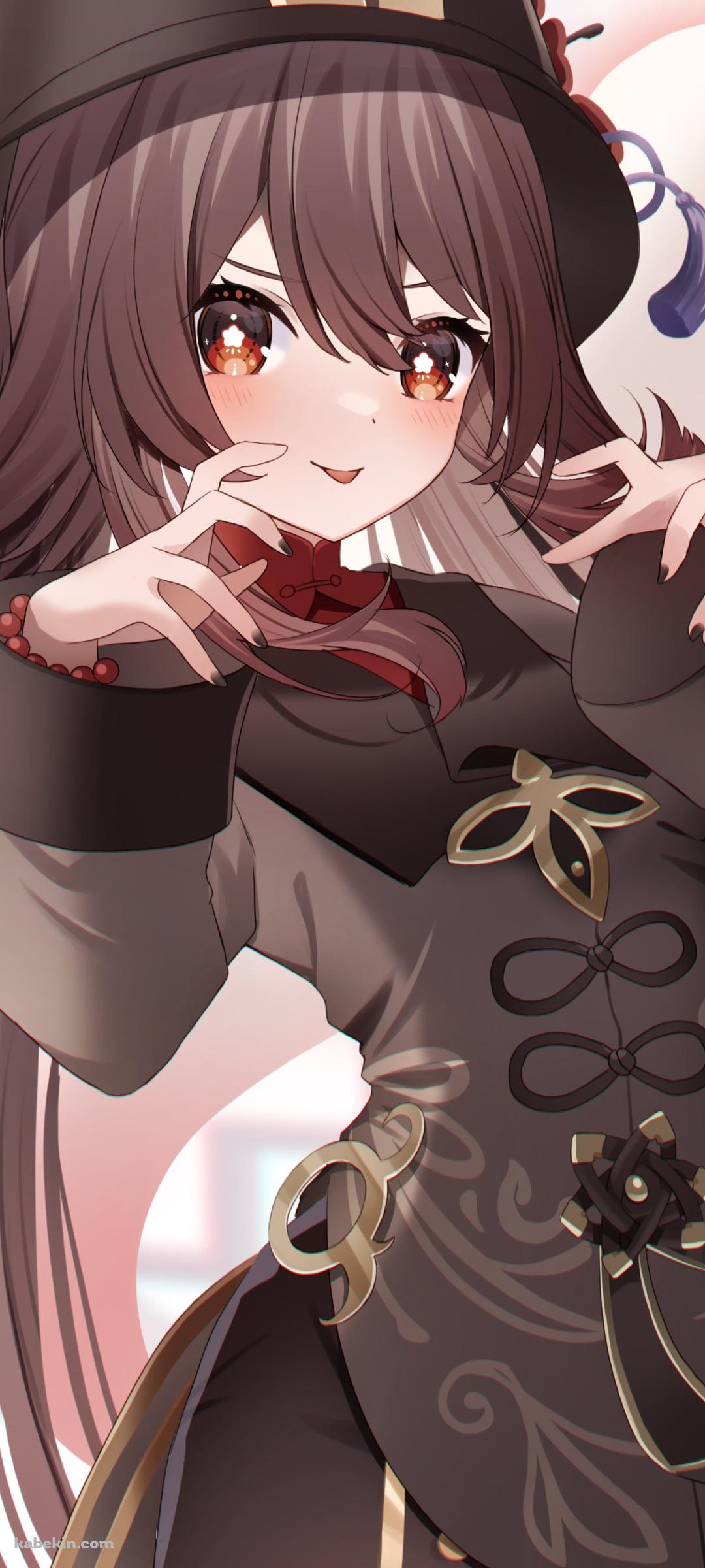 襲いかかるポーズをする胡桃と笑顔のお化け / 原神のAndroidの壁紙(1080px x 2400px) スマホ用