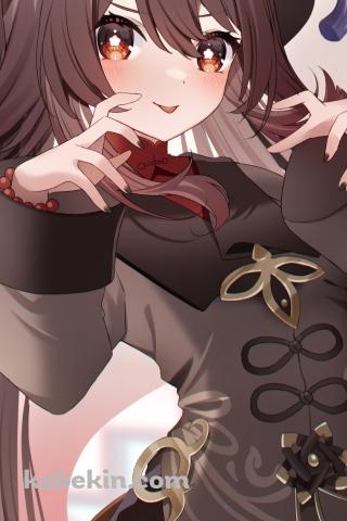 襲いかかるポーズをする胡桃と笑顔のお化け / 原神のAndroidの壁紙(320px x 480px) スマホ用