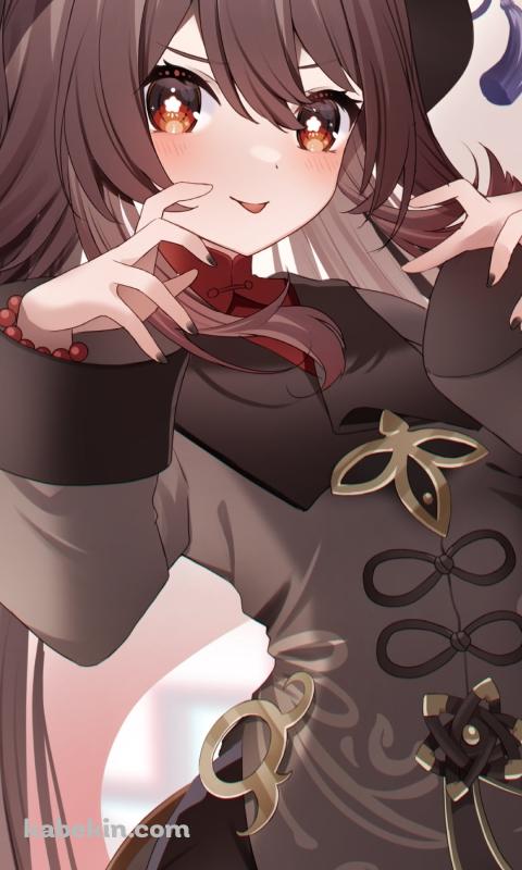 襲いかかるポーズをする胡桃と笑顔のお化け / 原神のAndroidの壁紙(480px x 800px) スマホ用