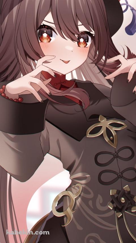 襲いかかるポーズをする胡桃と笑顔のお化け / 原神のAndroidの壁紙(480px x 854px) スマホ用
