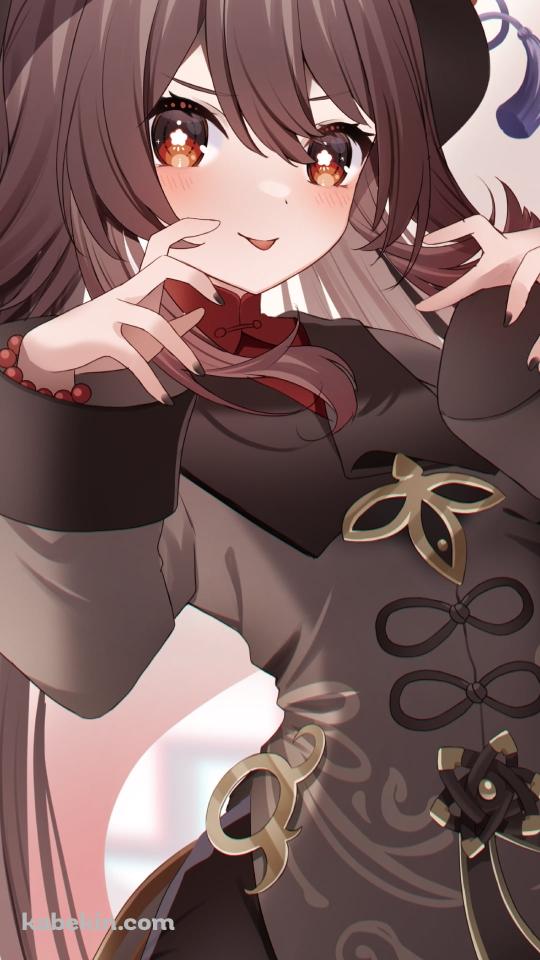 襲いかかるポーズをする胡桃と笑顔のお化け / 原神のAndroidの壁紙(540px x 960px) スマホ用