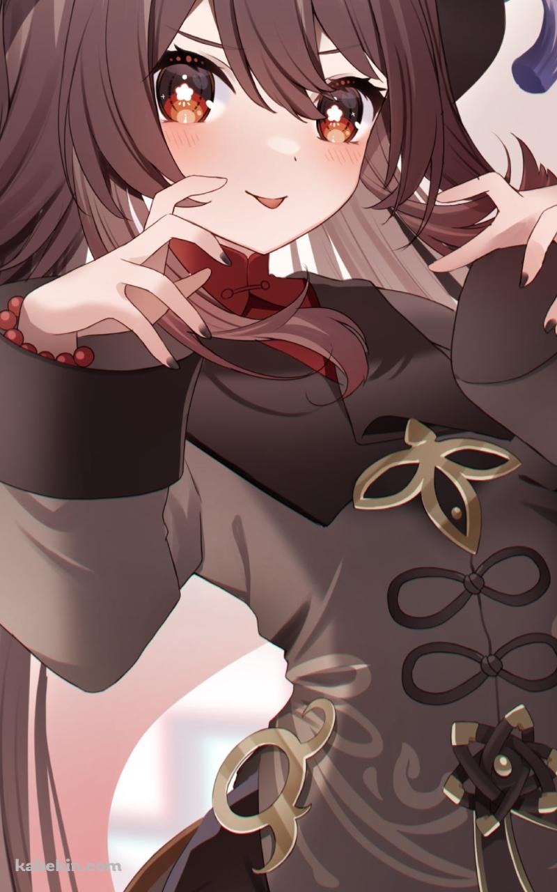 襲いかかるポーズをする胡桃と笑顔のお化け / 原神のAndroidの壁紙(800px x 1280px) スマホ用