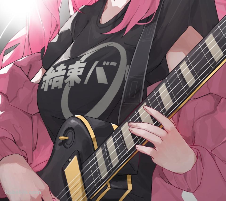 黒いエレキギターを弾く後藤ひとり / ピンクの髪色 / 結束バンド / ぼっち・ざ・ろっく!のAndroidの壁紙(960px x 854px) スマホ用