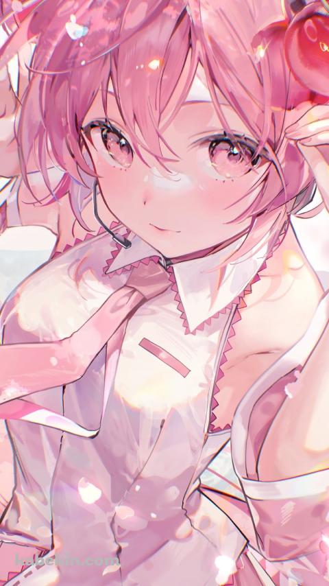 サクランボの髪飾りをつけこちらを見つめる桜ミク / 可愛い / 初音ミク / ボカロのAndroidの壁紙(480px x 854px) スマホ用