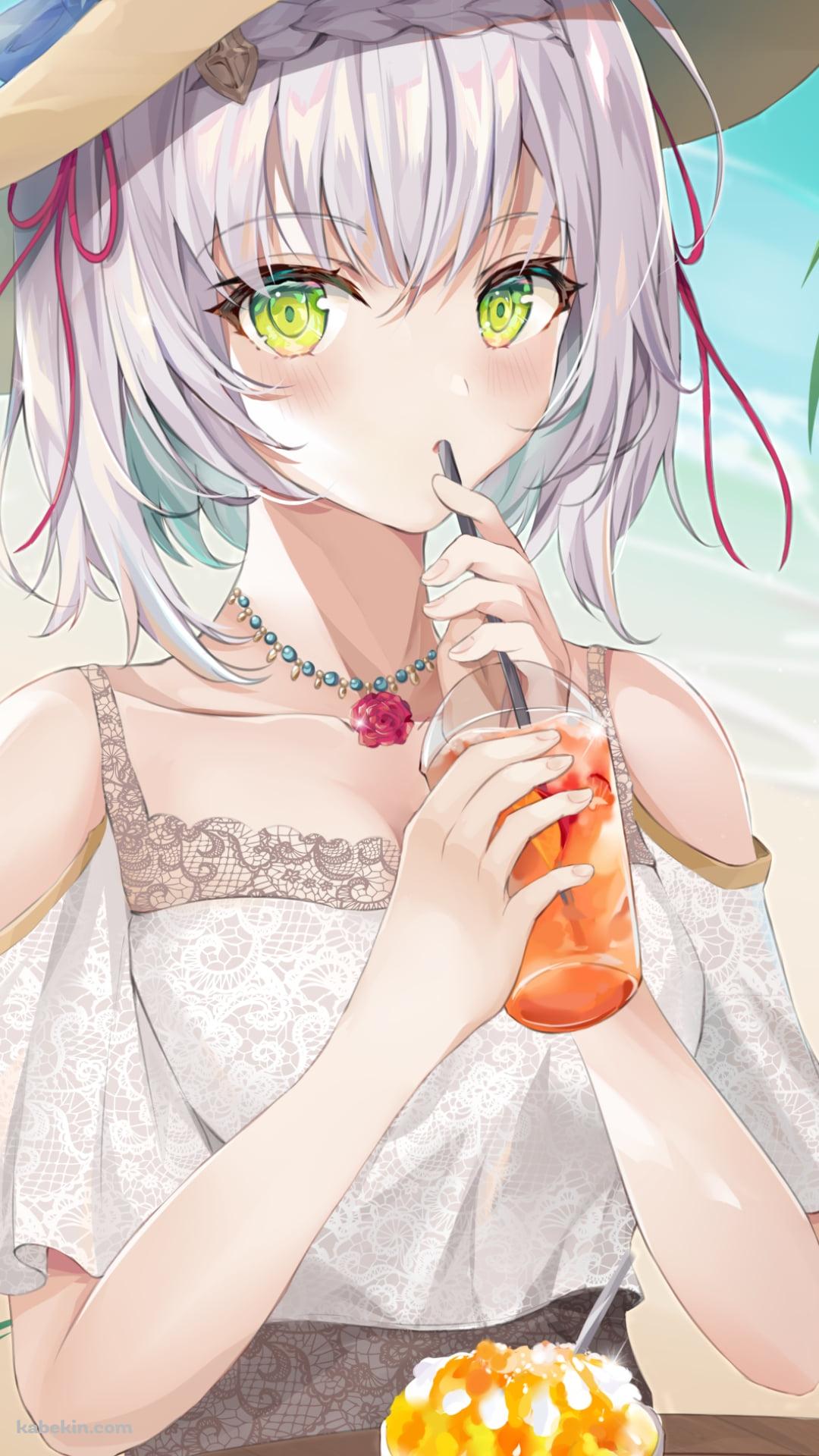 ジュースを飲む帽子を被ったノエル / 南国 / ハイビスカス / バカンス / 原神のAndroidの壁紙(1080px x 1920px) スマホ用