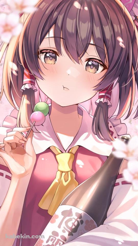 桜の花と三食団子を食べる可愛い博麗霊夢 / 東方のAndroidの壁紙(540px x 960px) スマホ用