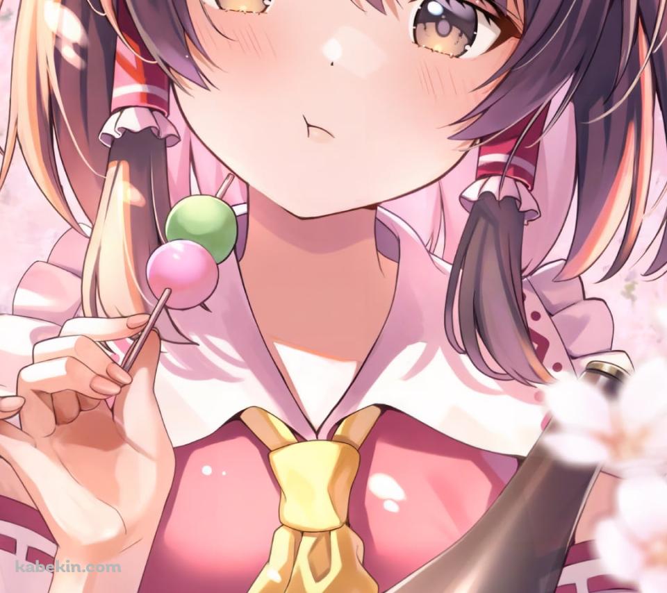 桜の花と三食団子を食べる可愛い博麗霊夢 / 東方のAndroidの壁紙(960px x 854px) スマホ用