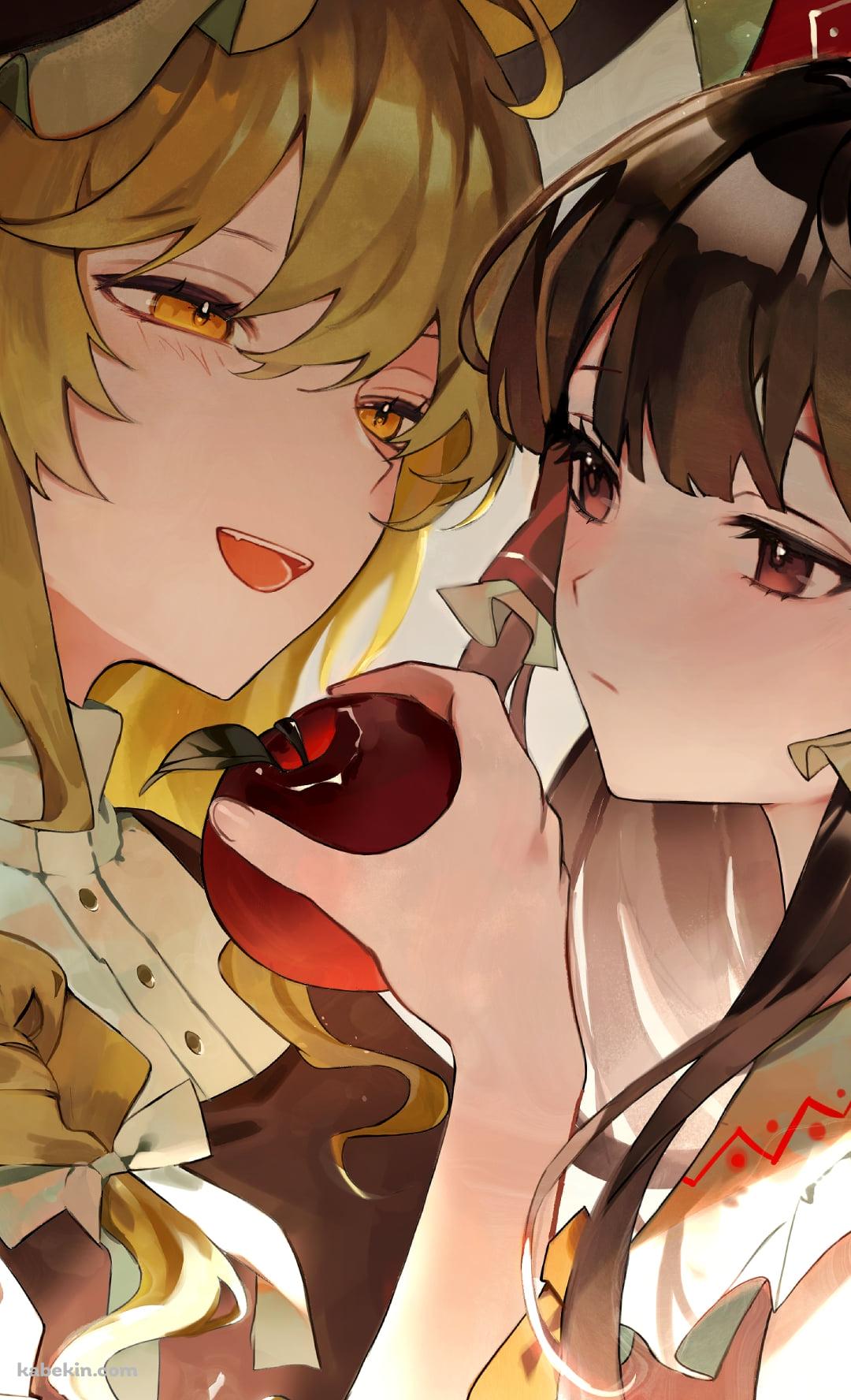 リンゴを持つ霧雨魔理沙とその腕をつかむ博麗霊夢 / 東方のAndroidの壁紙(1080px x 1776px) スマホ用