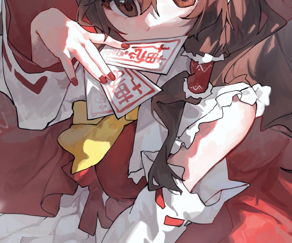 2枚のお札を持つ博麗霊夢 / 東方のAndroidの壁紙(960px x 800px) スマホ用
