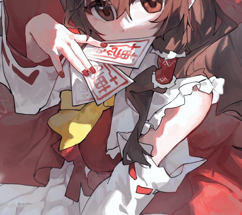 2枚のお札を持つ博麗霊夢 / 東方のAndroidの壁紙(960px x 854px) スマホ用