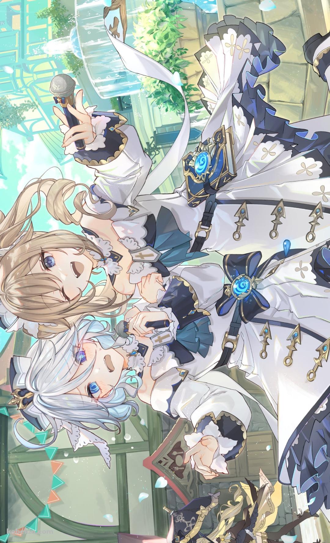 噴水の前ではしゃぐバーバラ / フリーナ / 原神のAndroidの壁紙(1080px x 1776px) スマホ用
