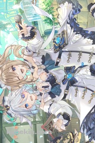 噴水の前ではしゃぐバーバラ / フリーナ / 原神のAndroidの壁紙(320px x 480px) スマホ用