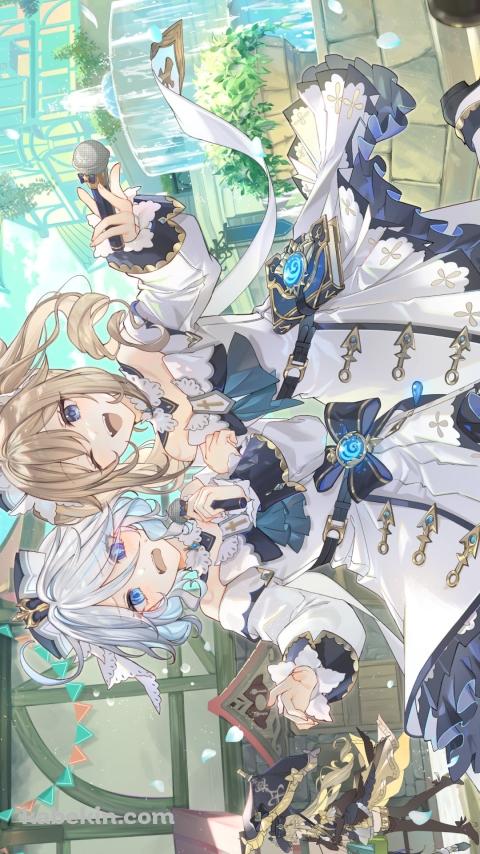 噴水の前ではしゃぐバーバラ / フリーナ / 原神のAndroidの壁紙(480px x 854px) スマホ用