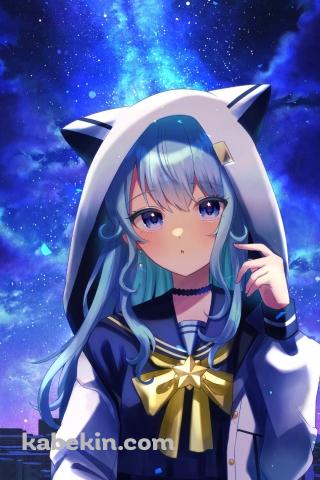 綺麗な青い銀河と星街すいせい / ホロライブ / バーチャルYouTuber / VtuberのAndroidの壁紙(320px x 480px) スマホ用