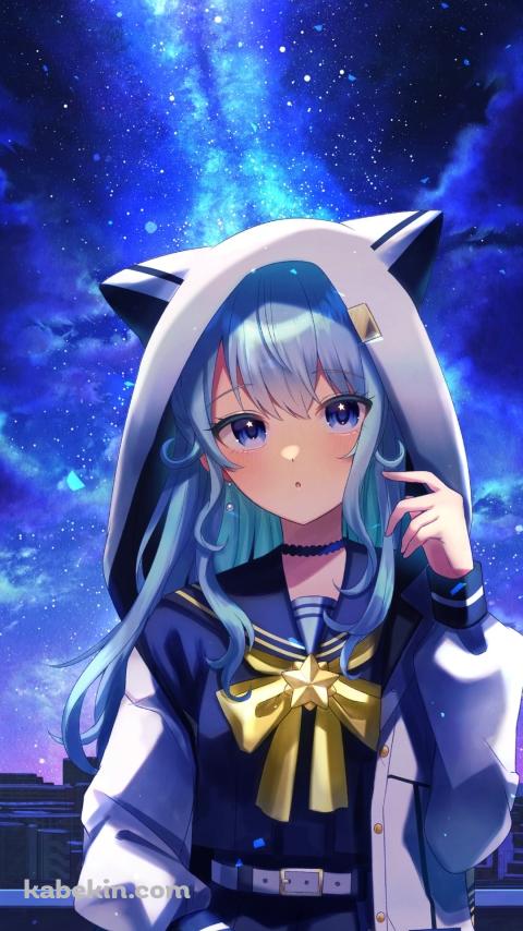 綺麗な青い銀河と星街すいせい / ホロライブ / バーチャルYouTuber / VtuberのAndroidの壁紙(480px x 854px) スマホ用