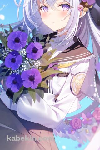 紫の花束を持つ白洲アズサ / ブルーアーカイブのAndroidの壁紙(320px x 480px) スマホ用
