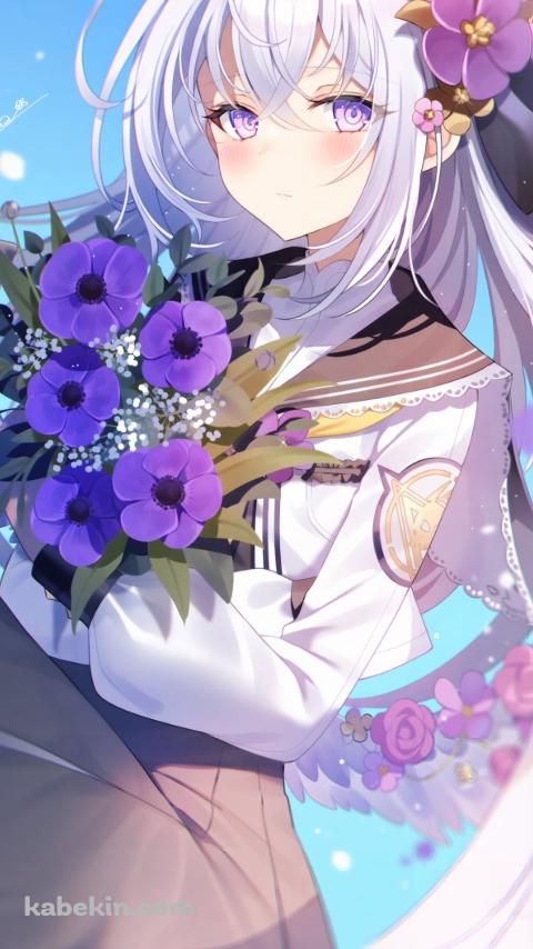 紫の花束を持つ白洲アズサ / ブルーアーカイブのAndroidの壁紙(480px x 854px) スマホ用
