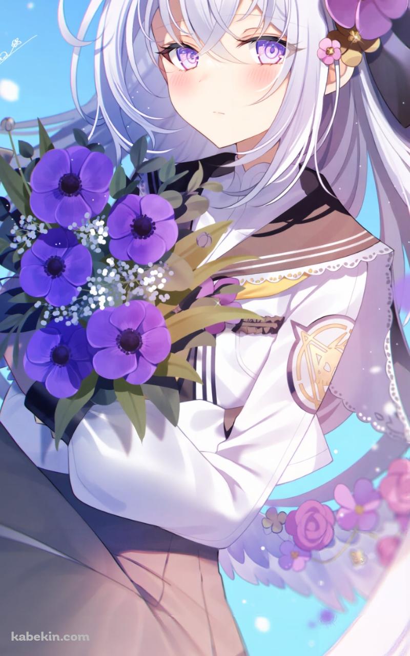 紫の花束を持つ白洲アズサ / ブルーアーカイブのAndroidの壁紙(800px x 1280px) スマホ用