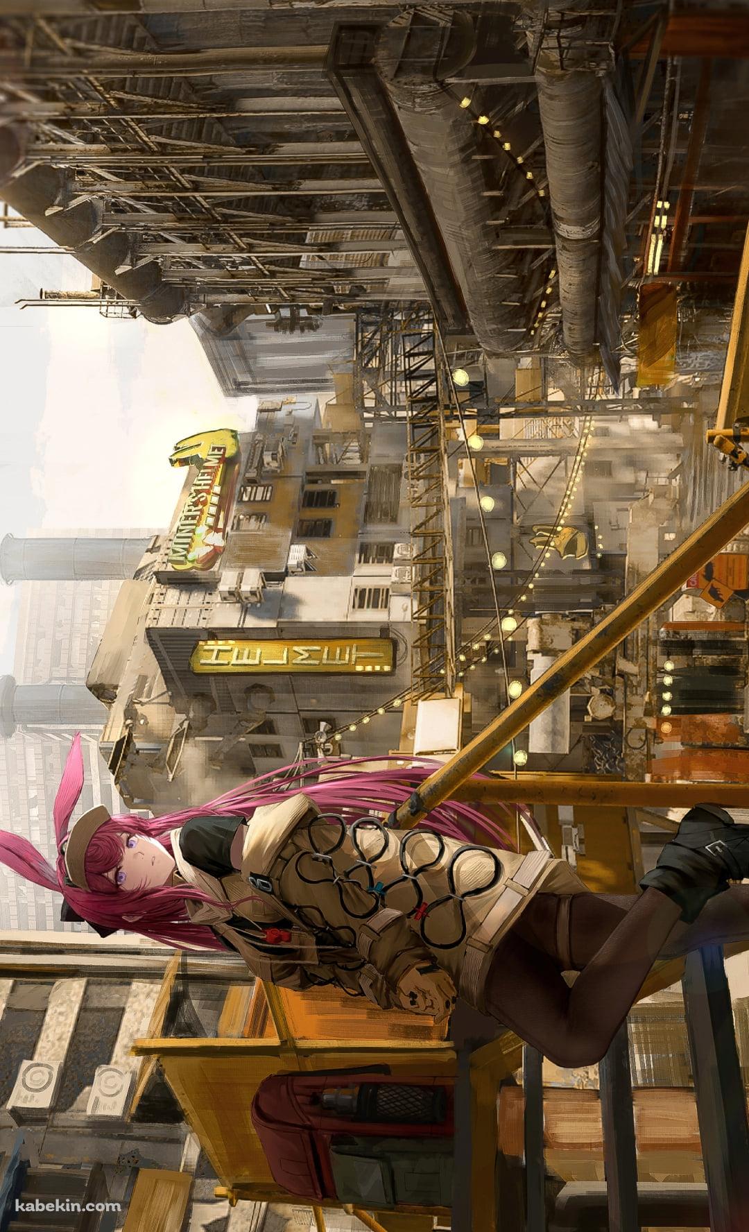 古びた灰色の建物とピンクの兎耳・髪色のレイ / アークナイツのAndroidの壁紙(1080px x 1776px) スマホ用