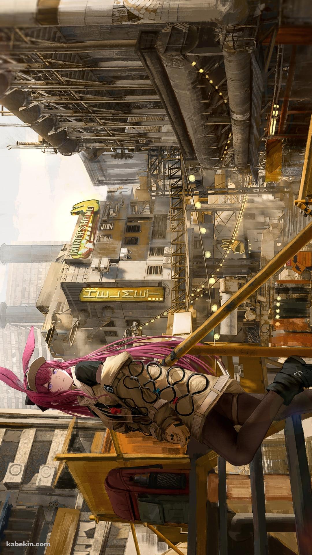 古びた灰色の建物とピンクの兎耳・髪色のレイ / アークナイツのAndroidの壁紙(1080px x 1920px) スマホ用