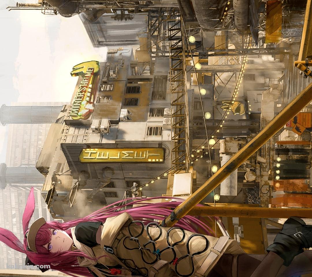 古びた灰色の建物とピンクの兎耳・髪色のレイ / アークナイツのAndroidの壁紙(1080px x 960px) スマホ用
