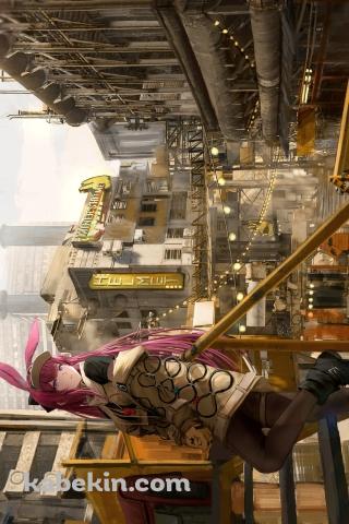 古びた灰色の建物とピンクの兎耳・髪色のレイ / アークナイツのAndroidの壁紙(320px x 480px) スマホ用