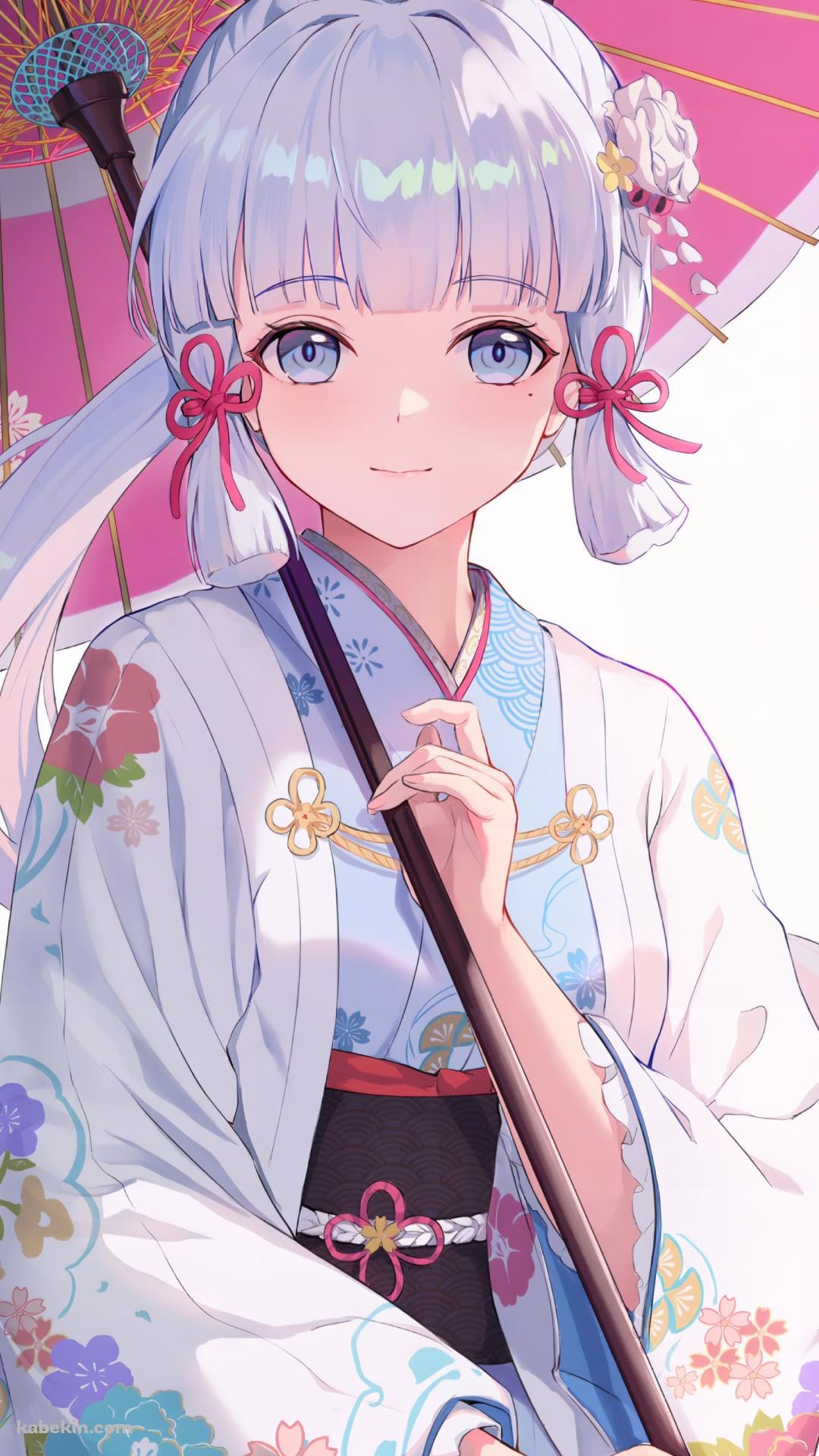 花柄模様のピンクの和傘をさし微笑む神里綾華 / 原神のAndroidの壁紙(1080px x 1920px) スマホ用