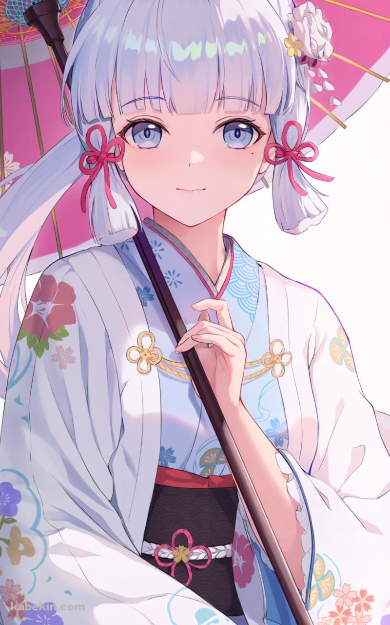 花柄模様のピンクの和傘をさし微笑む神里綾華 / 原神のAndroidの壁紙(800px x 1280px) スマホ用