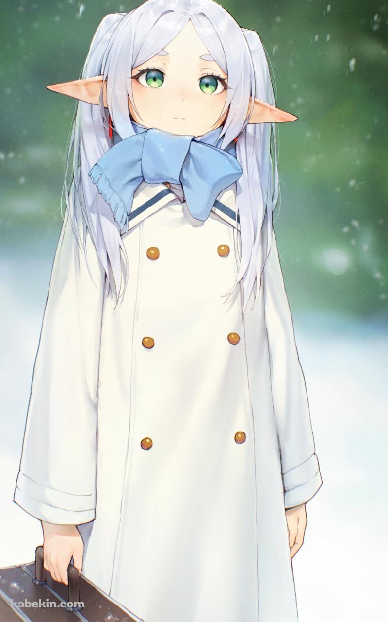 雪の中、青い蝶を見るボストンバッグを持つフリーレン / 葬送のフリーレンのAndroidの壁紙(800px x 1280px) スマホ用