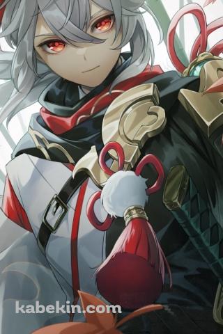 刀に手をかけ赤い瞳でこちらを見つめる楓原万葉 / 原神のAndroidの壁紙(320px x 480px) スマホ用