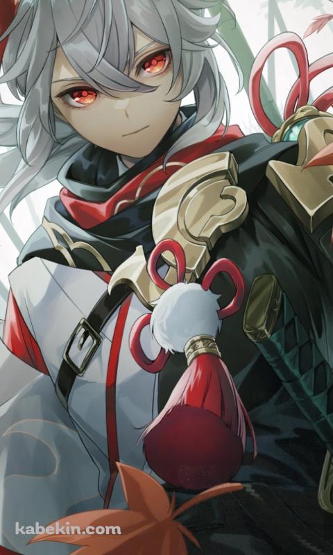 刀に手をかけ赤い瞳でこちらを見つめる楓原万葉 / 原神のAndroidの壁紙(480px x 800px) スマホ用