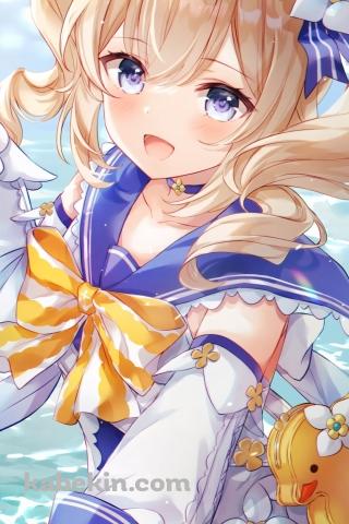 浜辺で手を伸ばすバーバラ / サマータイムスパークル / 原神のAndroidの壁紙(320px x 480px) スマホ用