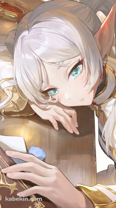 机にもたれ魔導書をめくるフリーレン / 葬送のフリーレンのAndroidの壁紙(480px x 854px) スマホ用