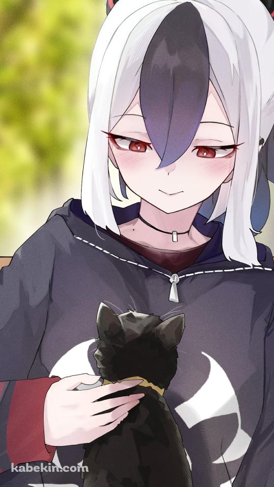 ベンチに座り黒猫と戯れる鬼方カヨコ / ブルーアーカイブのAndroidの壁紙(540px x 960px) スマホ用